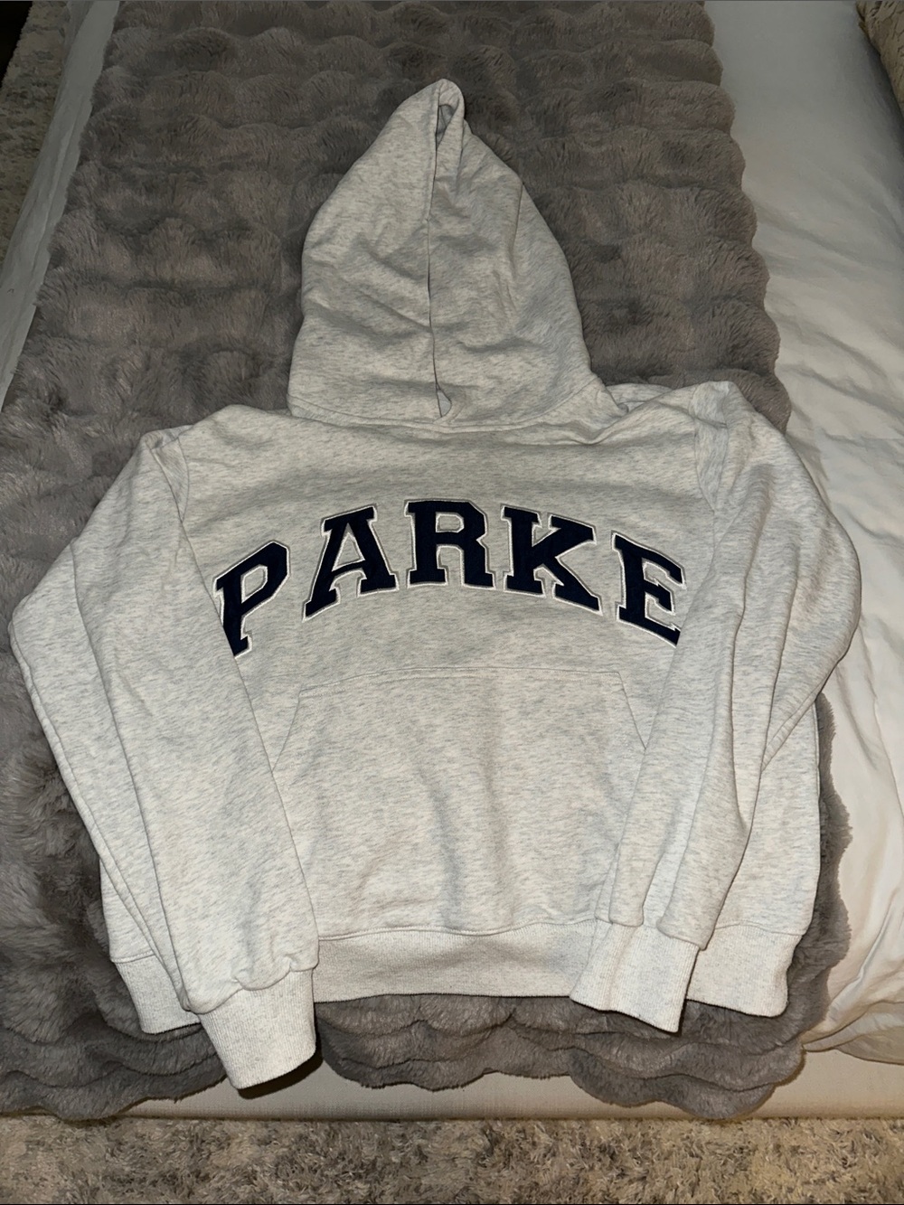 Parker Light Gray Hoodie with Navy Lettering
